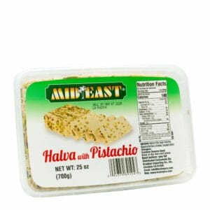MidEast Halva With Pistachio 25 oz combines premium sesame paste with rich pistachios for a delightful Middle Eastern treat.