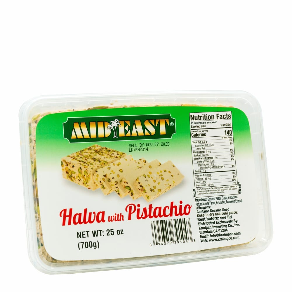 MidEast Halva With Pistachio 25 oz combines premium sesame paste with rich pistachios for a delightful Middle Eastern treat.