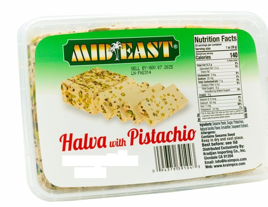 MidEast Halva With Pistachio 12 oz combines premium sesame paste with rich pistachios for a delightful Middle Eastern treat.